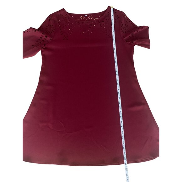 Red Maroon Long Sleeve Laser Cut A-Line Shift Dress With Floral Detailing XL - Picture 6 of 10